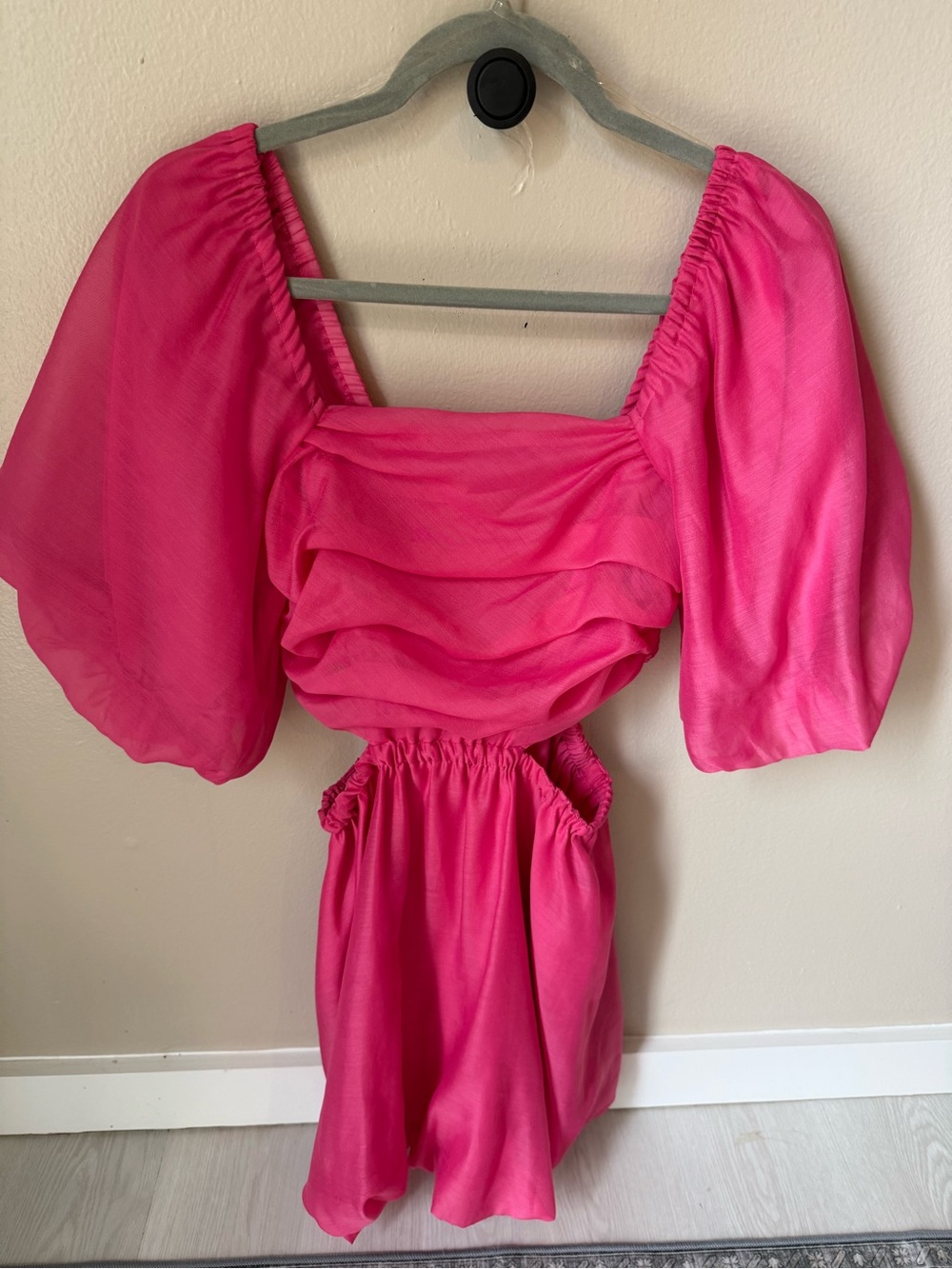 Hot Pink Statement Sheer Puff-Sleeve cut out mini dress